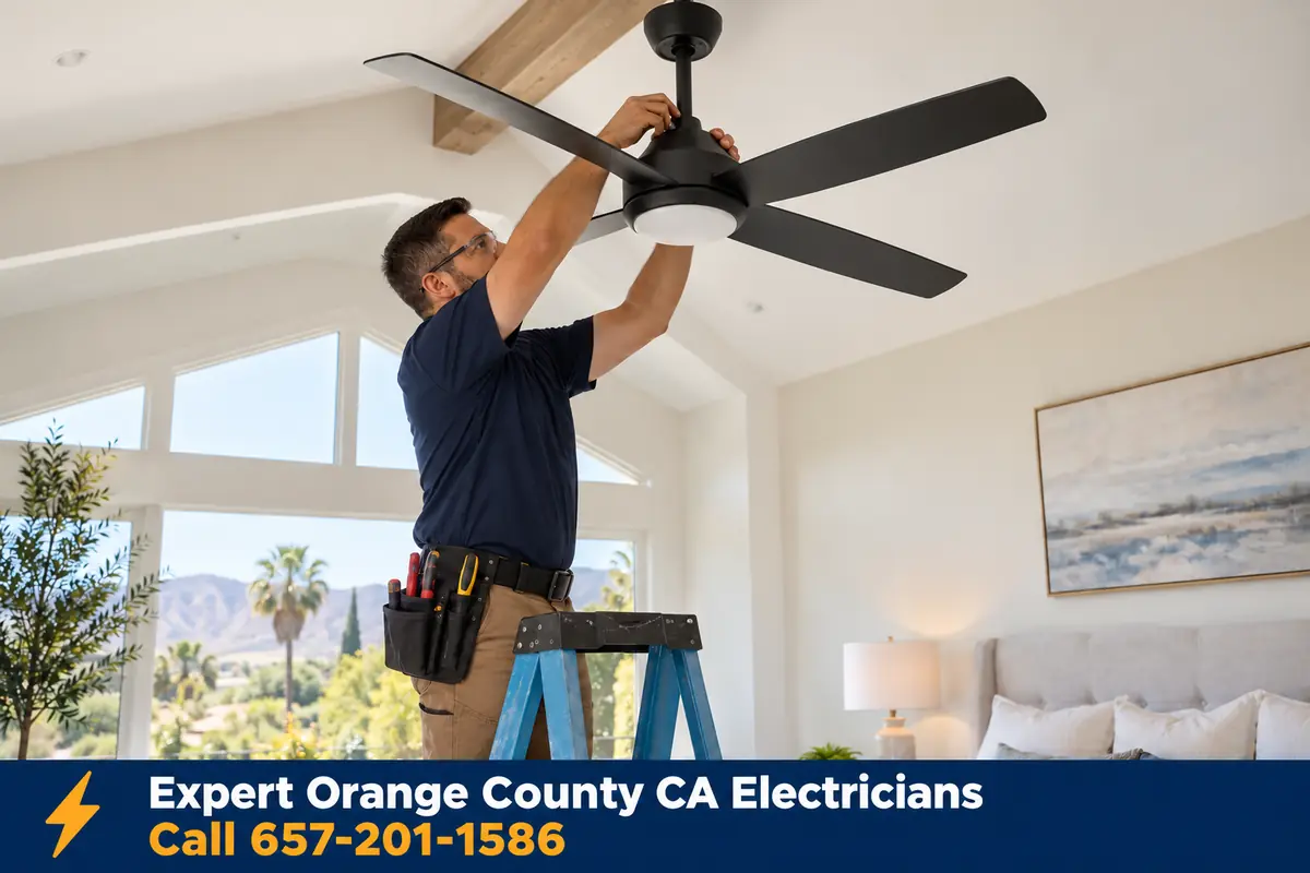 Electrician installing a modern ceiling fan in a bedroom