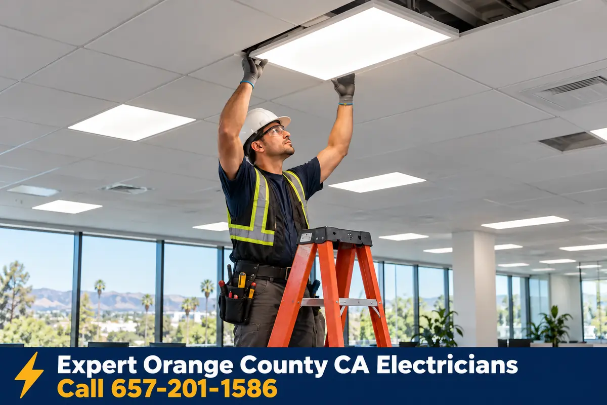 Commercial electrician installing LED lighting in an Orange County office
