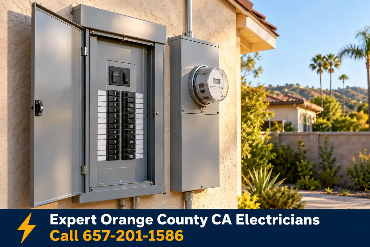 New 200 amp electrical panel installed on the exterior wall of an Orange County home