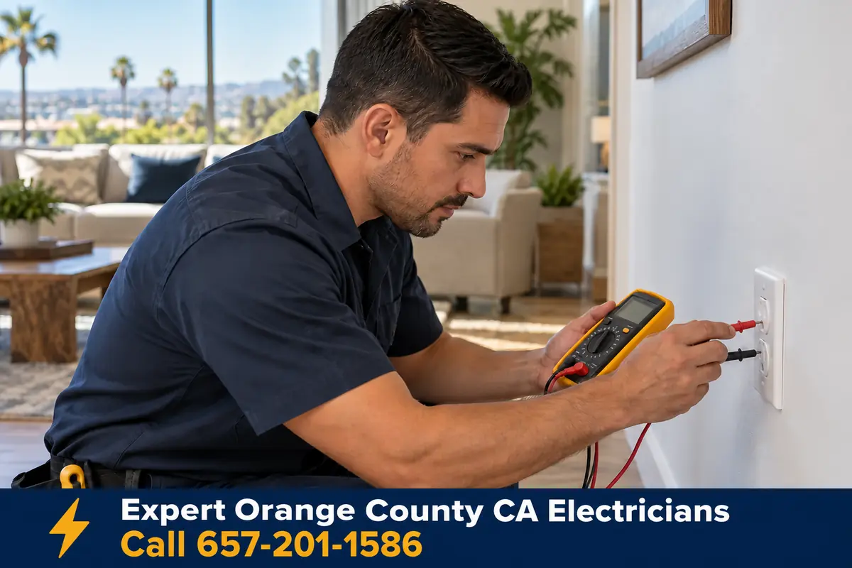 Electrician testing a wall outlet with a multimeter
