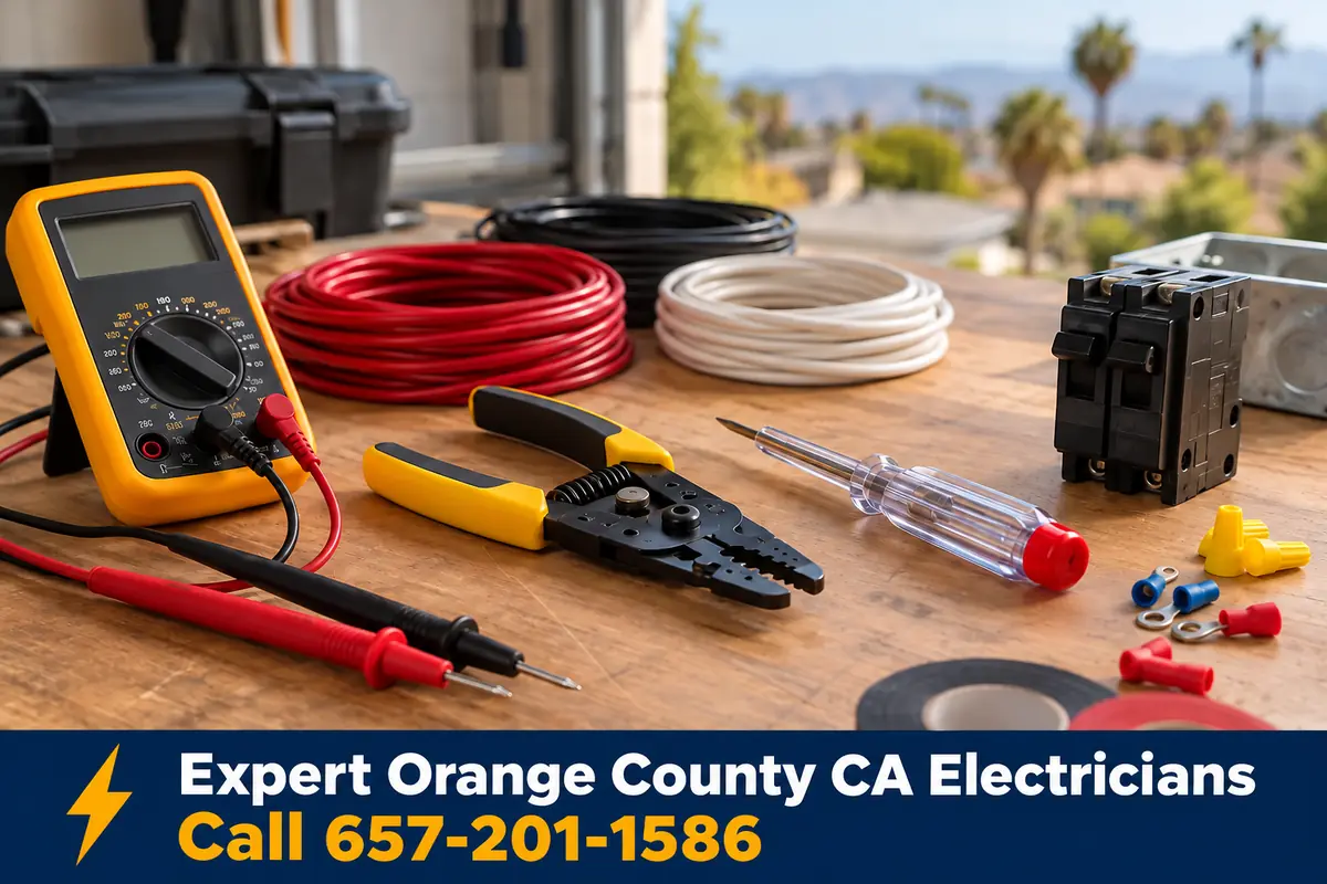Electrician tools and a tablet showing electrical services