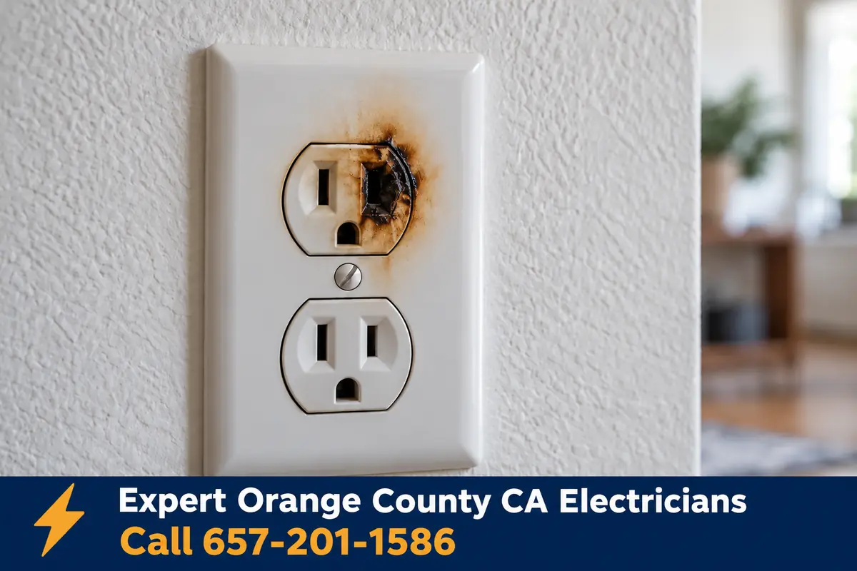 Scorched electrical outlet showing signs of overheating