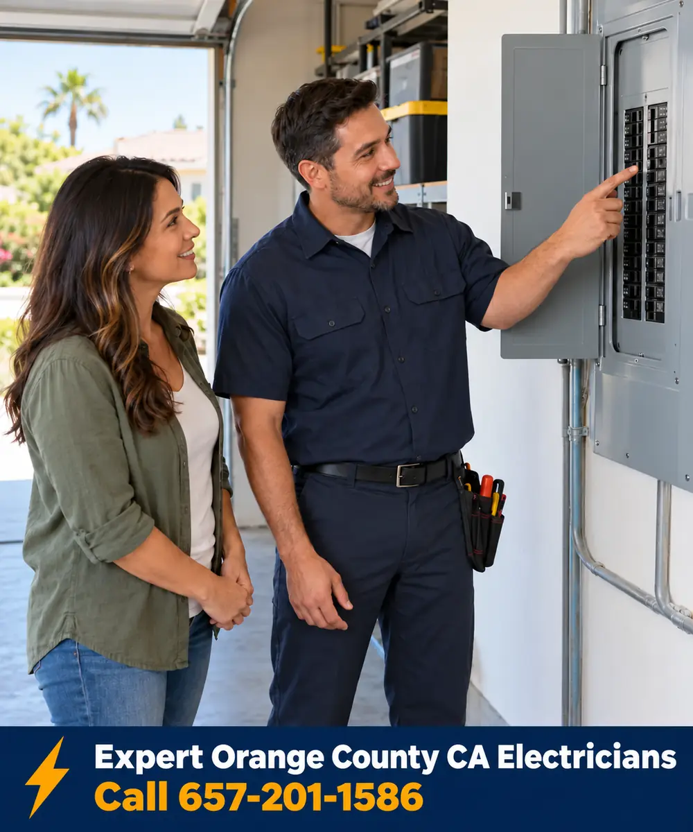 Electrician explaining a panel inspection to an Orange County homeowner
