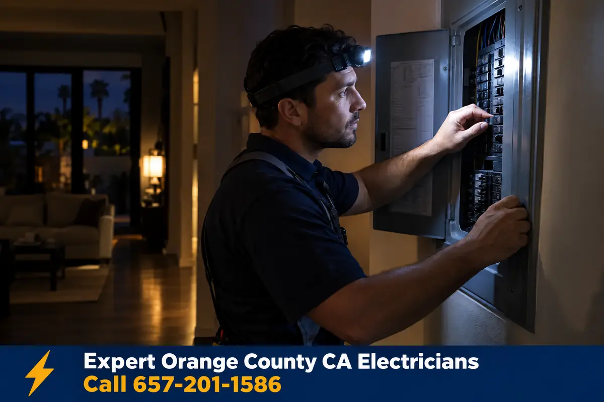 Emergency electrician using a flashlight to inspect a breaker panel at night