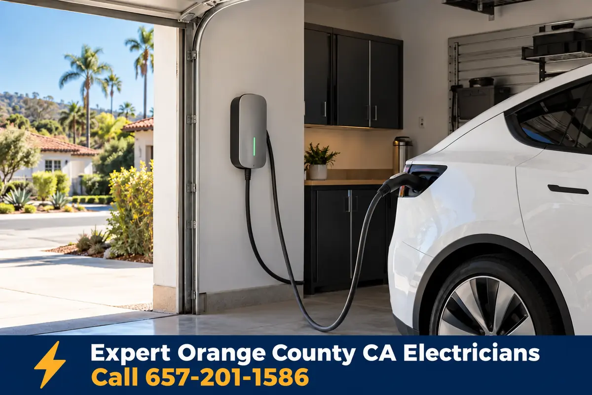 Tesla Wall Connector installed in an Orange County garage charging an electric car