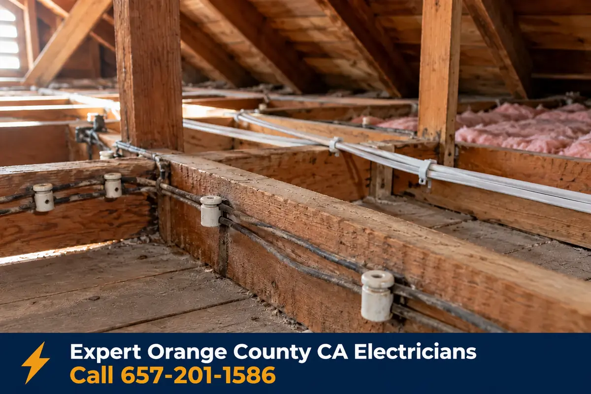 Old knob and tube wiring in the attic of a historic Orange County home