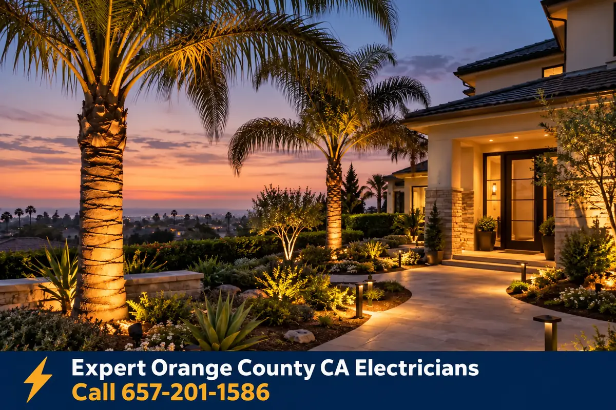 Low voltage landscape lighting illuminating palm trees and a front walkway at dusk