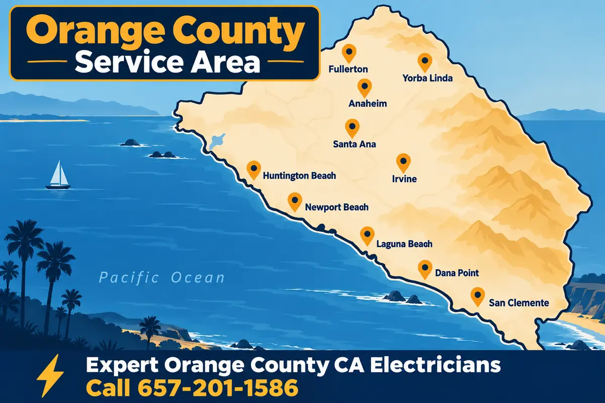 Map of Orange County, California cities served by our electrician referral network