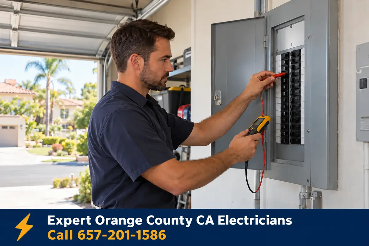 Licensed electrician working on a home electrical panel in an Orange County house