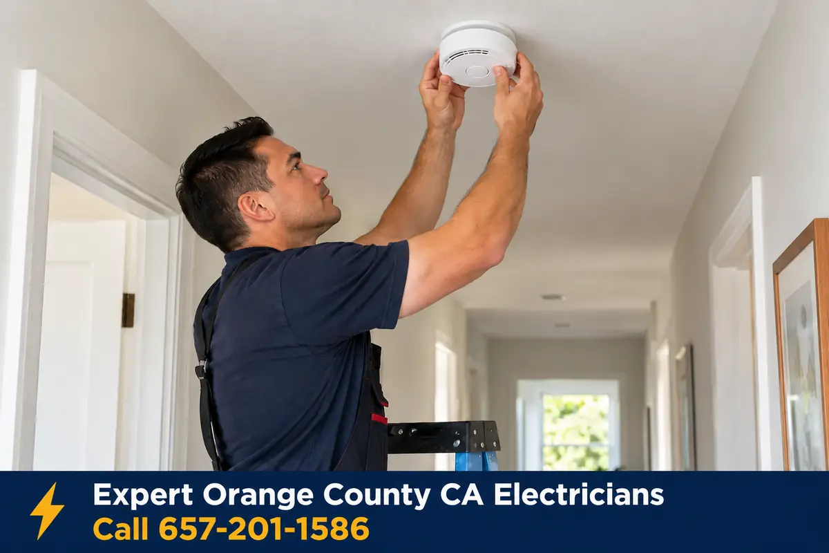 Electrician installing a hardwired smoke detector on a hallway ceiling