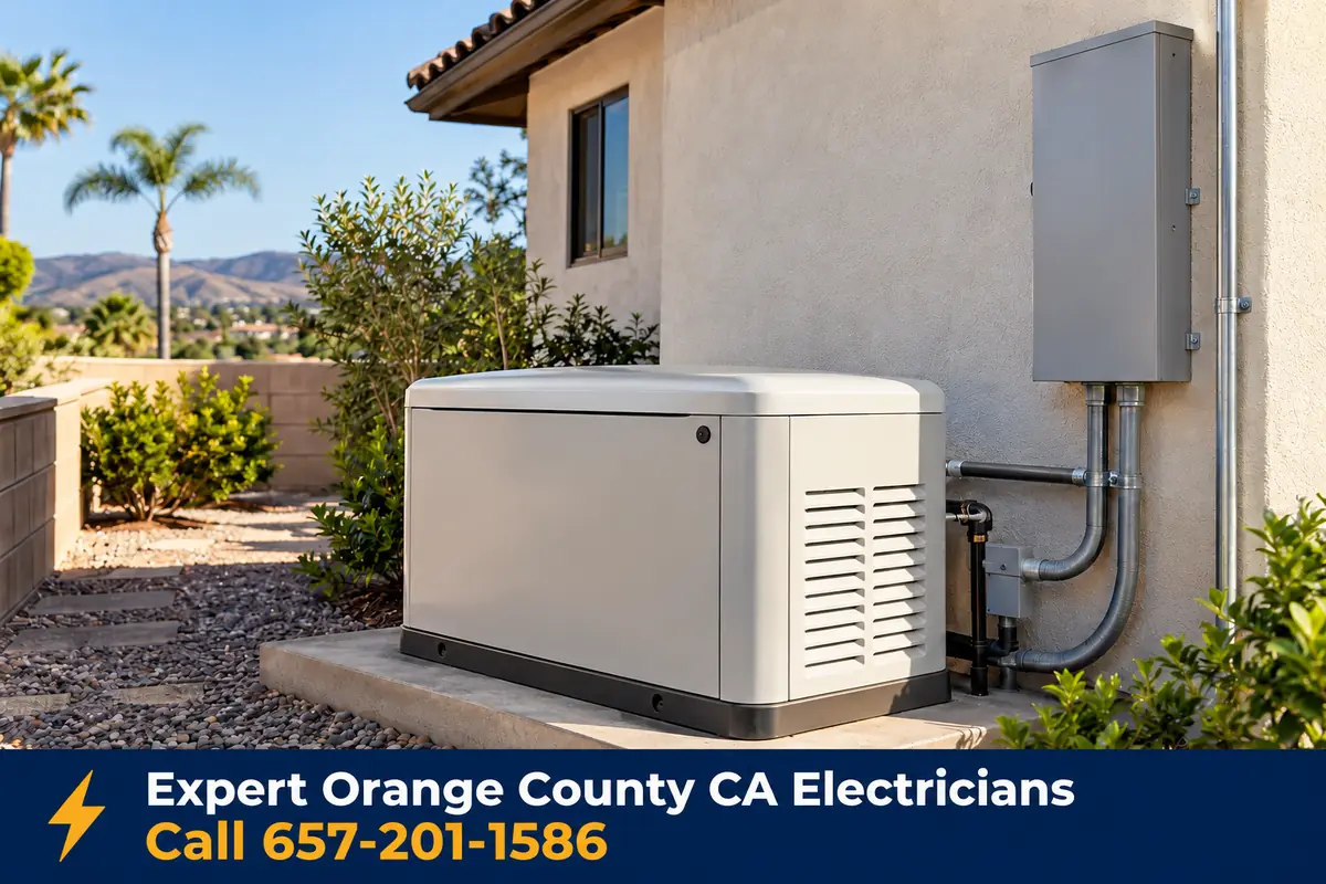 Standby generator installed beside an Orange County home